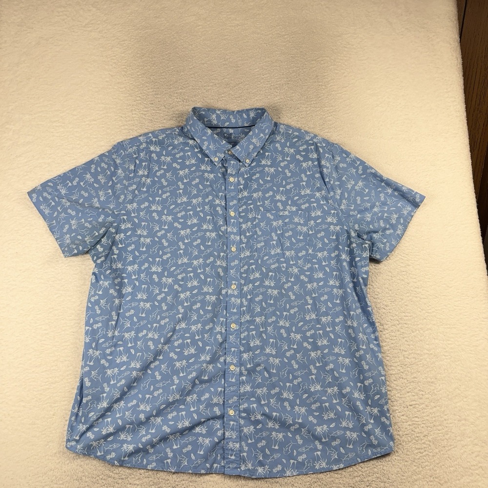 Croft & Barrow Slim Performance Button Down Shirt Mens 2XB Blue Palm Hawaiian